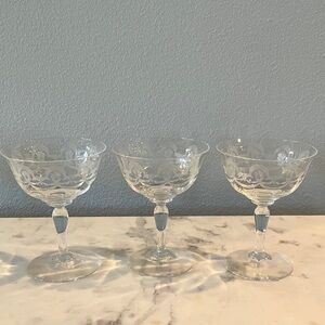 Three Crystal Etched Glass Champagne Coupes